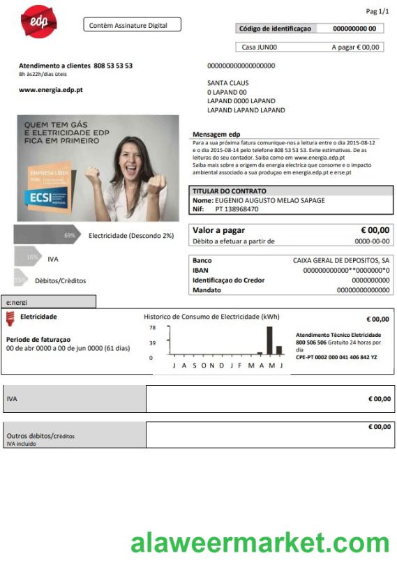Portugal EDP electricity utility bill template in Word and PDF format
